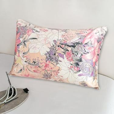 Imagem de Fronha de seda de amoreira de tamanho padrão para cabelo e pele, fronhas 100% seda pura com zíper oculto, macio e refrescante, ambos os lados seda deslizante natural real, estampa floral, 1 peça (50,8 cm x 66 cm, padrão 4)