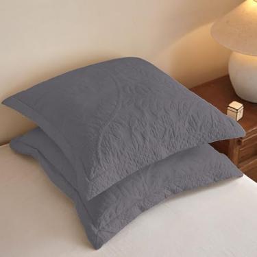 Imagem de MarCielo 2 peças de fronhas acolchoadas de algodão bordadas fazenda bordadas Euro Shams 66 cm x 66 cm (Euro, cinza nobre)