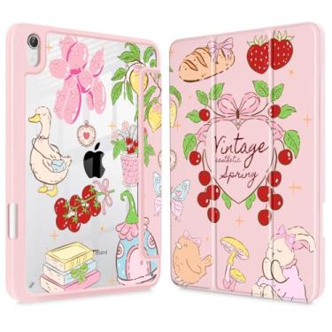 Imagem de Mektron Capa impressa para iPad mini 7 (A17 Pro) 2024/Mini 6 2021, iPad mini 7ª/6ª geração, porta-lápis embutido com capa traseira transparente + suporte de três dobras, clipart Y2K