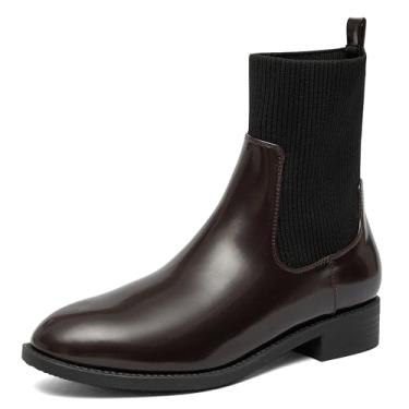 Imagem de NEWBELLA Chelsea Botas femininas de cano curto de salto grosso sem cadarço, Marrom, 40