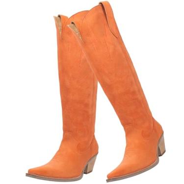 Imagem de SHODENSE Botas femininas de camurça, cano alto, cowgirl, bordadas, salto empilhado, bico fino, botas ocidentais, cano largo, cano baixo, salto grosso, botas longas, vintage, casual, 4-11 M EUA
