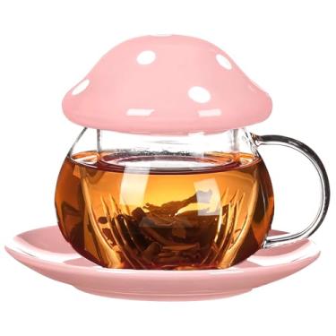 Imagem de Adorável conjunto de xícara de chá de vidro de cogumelo, copo divertido resistente ao calor com tampa e pires, caneca de separação de chá de flor perfeita para chá da tarde, vidro fino para casa e
