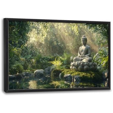 Imagem de Arte de parede grande da floresta de Buda para sala de estar, decoração de parede de lago de árvore grande emoldurada, paisagem natural, pintura em tela, arte moderna, decoração de casa para sala de