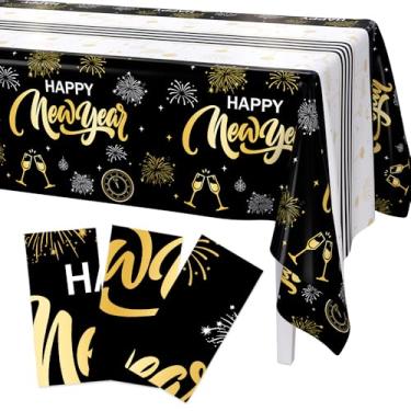 Imagem de AIBIIN Pacote com 3 toalhas de mesa de Ano Novo Feliz Ano Novo conjunto de toalha de mesa de plástico preto e dourado descartável capa de mesa retangular para decoração de festa de ano novo 2026 x 127