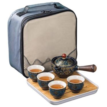 Imagem de Conjunto de chá Gongfu de cerâmica com cabo de madeira, bule giratório, 4 xícaras, bandeja e bolsa de viagem - Conjunto de chá chinês autêntico para casa ou viagem