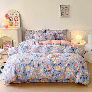 Imagem de Dokiwaki Capa de edredom floral rosa queen algodão escovado reversível, estampa de flores, roupa de cama botânica, respirável, conjunto de 3 peças, com fecho de zíper e fronhas lilás