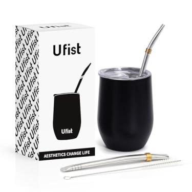 Imagem de Ufist Copo de erva mate com tampa, 2 bombillas, escova de limpeza, cabaça isolada de parede dupla de aço inoxidável de 335 g (preto)