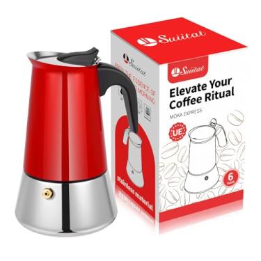Imagem de Suiitat Moka Pot, 6 xícaras (300.5 g) Máquina de café expresso de fogão, panela Moka de aço inoxidável 304, compatível com indução, vermelha