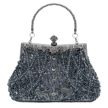 Imagem de YUGAORULI Bolsa de mão vintage floral com lantejoulas de strass bordada, bolsa de mão para noite, festa de casamento e formatura, Cinza, 9"L x 6.1"H x 2.8"W