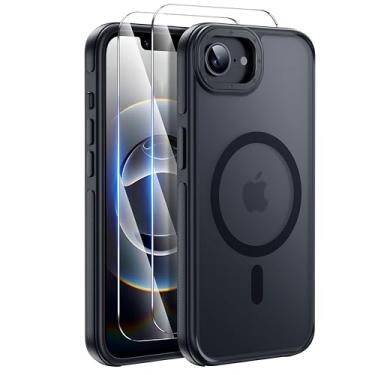 Imagem de Yzoiko Capa magnética forte para iPhone 16E [2 películas de vidro temperado] compatível com MagSafe capa fina à prova de choque para iPhone 16E capa de telefone 6,1 polegadas, conjunto preto