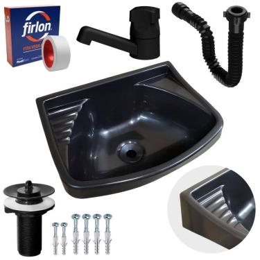 Imagem de Pia Lavatório Plástico 4,8L Preta + Sifão + Torneira Preta