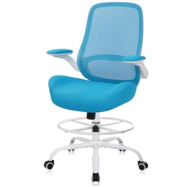 Imagem de HYLONE Cadeira de desenho, cadeira de escritório alta com apoios de braços flip-up, cadeira ergonômica para computador com suporte lombar ajustável para apoio para os pés, anel de malha para mesa