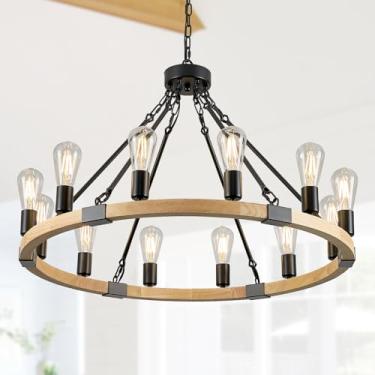 Imagem de Poemoon Lustre redondo de madeira com 12 luzes de 31,5 pol. Candelabro redondo de madeira natural para casa de fazenda preto rústico luminária para sala de estar, sala de jantar, entrada e cozinha