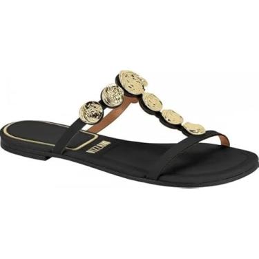 Imagem de Vizzano Rasteira Feminina com Apliques em Moedas Douradas, Preta, Sandália Flat Casual Elegante (BR, Adulto, Numérico, 34)