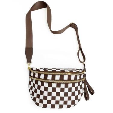 Imagem de Bolsa tiracolo quadriculada para mulheres: pochete grande de nylon, pochete multiuso à prova d'água para viagens, eventos de estádio e roupas de outono, Padrão de grade cáqui, One Size, Bolsa