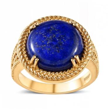Imagem de SHOP LC DELIVERING JOY Anel solitário de lápis-lazúli redondo banhado a ouro amarelo 18K para mulheres, presentes de aniversário para mulheres, 7, pedra preciosa, Lapis lazuli