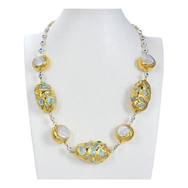 Imagem de URMIBDAI Colares femininos joias moeda branca pérola azul larimar esmaltado olhos turcos colar gargantilha para mulheres 53 cm