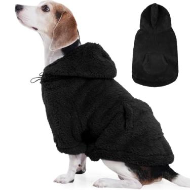 Imagem de IDOMIK Suéter Fuzzy Dog com capuz ajustável, suéter de lã quente para cachorro com orifício e bolso, pulôver para cães médios, moletom com capuz felpudo para outono inverno e Natal, preto, G