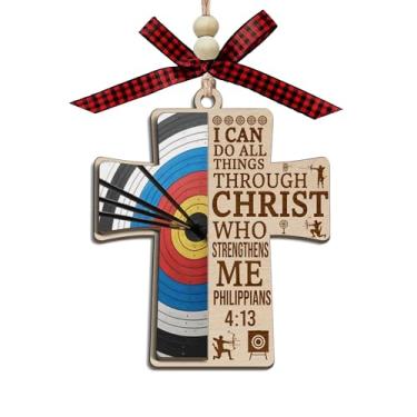 Imagem de Enfeite de madeira com cruz de tiro com arco, Philippians 4:13, madeira cristã de 2 camadas, Cristo que me fortalece pendurado para árvore ou carro, versículo bíblico inspirador presente para