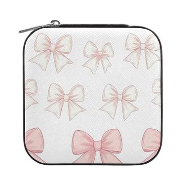 Imagem de SEHANY Caixa de joias personalizada com laço rosa para mulheres, meninas, mini estojo de joias de couro PU, organizador de joias de viagem, caixa de joias para brincos, anéis, colares, presentes para