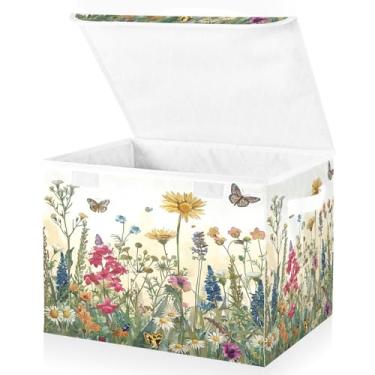 Imagem de Blueangle Caixas de armazenamento dobráveis 1 pacote, cestas de armazenamento de flores silvestres com tampas e alça para casa quarto armário escritório (148)