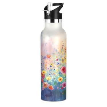 Imagem de ATTX Garrafa de água de pintura de flores coloridas com tampa de palha, copo de aço inoxidável de 590 ml, copo isolado para viagens, ao ar livre #105
