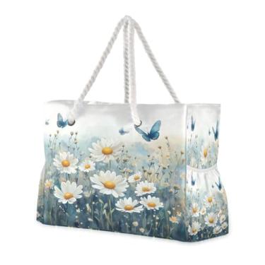 Imagem de ATTX Aquarela Prado Margaridas Bolsas de Praia para Mulheres - Bolsas de Praia Grandes com Zíper Impermeável À Prova de Areia Saco de Piscina Bolsa Grande #290