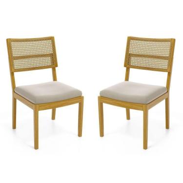 Imagem de Kit Com 2 Cadeiras Milena Madeira Maciça Assentos Estofados Encostos De Tela Palha Sextavada Veludo Bege 102