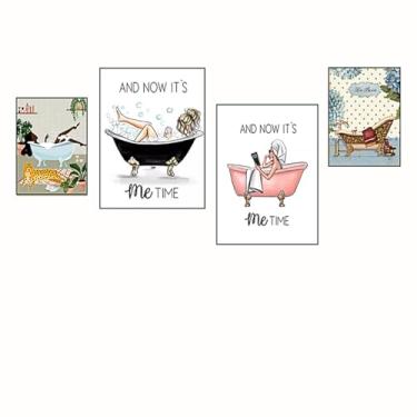 Imagem de PHWWDSUQA 4 peças de arte de parede de banheiro, And now it's me time, mulher bebendo vinho na banheira, pintura para banheiro banheiro bar decoração de casa 30x40cm/40x60cmcmSem moldura