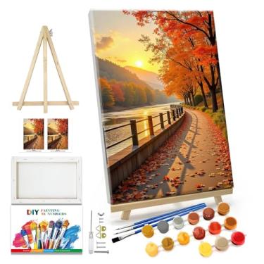 Imagem de JOOZ Kit de pintura por números para adultos com moldura, pintura de paisagem de outono por número, com cavalete árvore de outono, kits de pintura a óleo em tela emoldurada, pôr do sol, kits de
