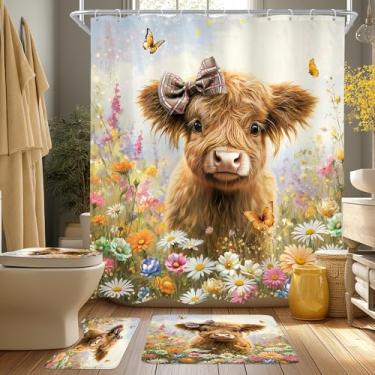 Imagem de Cinbloo Conjunto de 4 peças de cortina de chuveiro de vaca engraçada, linda vaca Highland Farmhouse, bovino ocidental, touro, animal, flores silvestres, cortina de banheiro com tapete, tampa de vaso
