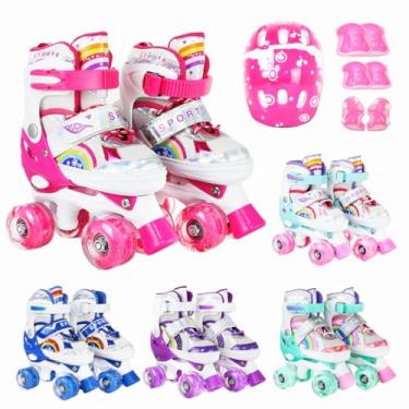 Imagem de Patins Infantil Led Ajustável 4 Rodas Rodinha E Kit Proteção (Rosa arco iris, G - 37 ao 40)