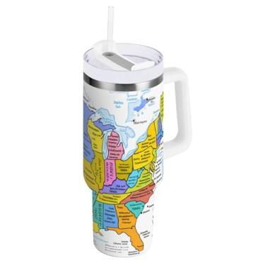 Imagem de Kigai Copo de 1,134 g com alça, copo com isolamento de mapa do mundo colorido com tampa e canudo, garrafa de água esportiva grande de metal, caneca de café de viagem de aço inoxidável