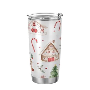 Imagem de YETTASBIN Copo para casa de árvore de Natal com tampa de palha, copo de aço inoxidável de 590 ml, parede dupla, isolada a vácuo, caneca de café de viagem para bebidas quentes e frias