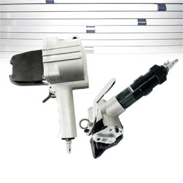 Imagem de HZWMQDLF Máquina pneumática de ferramentas de bandagem de cintas de aço de metal, pulseira de aço integra funções de tensor e selador de crimpador (32 mm)
