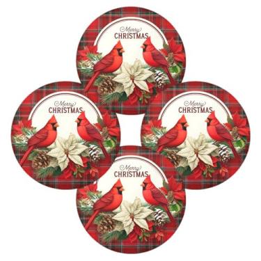 Imagem de Wassud Jogo americano conjunto de 4 tapetes redondos de pássaros vermelhos para cozinha e jantar tapetes laváveis resistentes ao calor decoração de mesa 39 cm