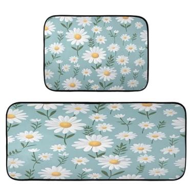 Imagem de Wassud Tapetes de cozinha de camomila azul para decoração de casa, tapetes de cozinha acolchoados, antifadiga, tapetes de cozinha, antiderrapante, lavável, itens essenciais de cozinha, conjunto de 2