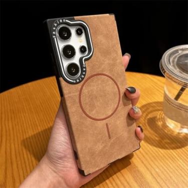 Imagem de HJZSZX Capa magnética de couro retrô com carregamento sem fio e à prova de choque para Galaxy S24 PLUS (para Galaxy S24 PLUS/cáqui)