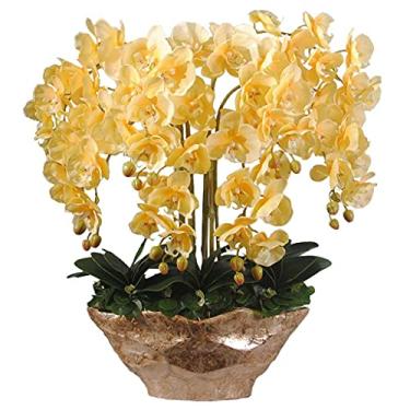 Imagem de Flores artificiais 10 s orquídeas amarelas grande flor artificial com vaso de resina dourada Phalaenopsis artificial conjunto de flores falsas para decoração de plantas artificiais