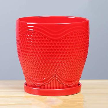Imagem de Vaso de flores de cerâmica redondo vermelho, suculenta, cacto, bonsai, vaso de flores, vaso de porcelana, interior e exterior, vasos decorativos para plantas (estilo 5-14 * 14,8 cm