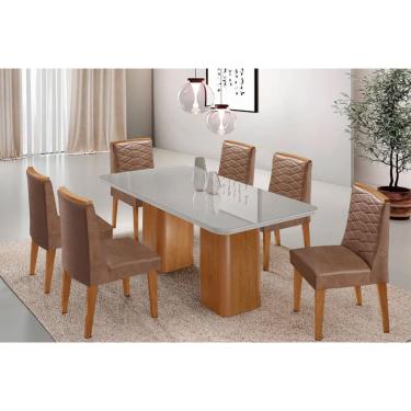 Imagem de Sala Jantar Mesa Maldivas Tampo c/ Vidro Curvo 180cm+6 Cadeiras Maldivas Madeira Naturale/Off White - Capuccino/Corano Capuccino - Rufato