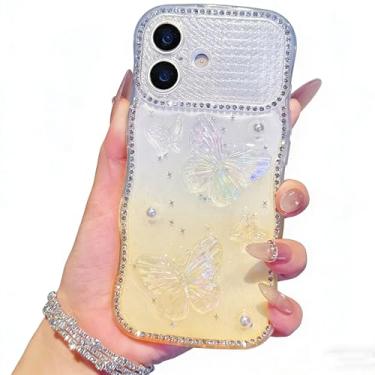 Imagem de IDYStar Capa para iPhone 16, lindo design de borboleta epóxi 3D com moldura de onda de diamante brilhante, antiamarela, à prova de choque, capa protetora para iPhone 16 de 6,1 polegadas, laranja