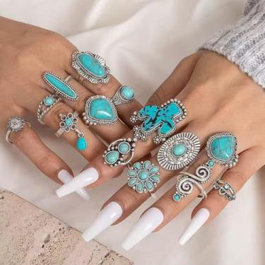Imagem de Conjunto de anéis ajustáveis esculpidos em cacto turquesa estilo boêmio com 14 peças, coleção de joias artesanais vintage do sudoeste para mulheres, uso em várias ocasiões o ano todo e ideia de