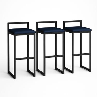 Imagem de Kit 3 Banquetas Corino Ferro Cozinha Balcão Alta Bistro Cor:azul Marinho