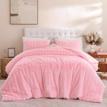 Imagem de YIKUSH Conjunto de cama de solteiro, rosa fofo, pele de coelho sintética, felpuda, felpuda, ultramacia e quente, 1 edredom com 1 fronha