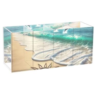 Imagem de TSENQUE Porta-lápis de mesa de acrílico personalizado para verão, praia, oceano, litoral, porta-canetas, organizador de mesa de escritório