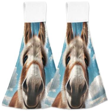 Imagem de TSENQUE Toalha de mão pendurada de burro fofo para cozinha ultra absorvente conjunto de 2 toalhas de gravata de forno, decoração de banheiro de cozinha fofa personalizada 47 x 35 centímetros