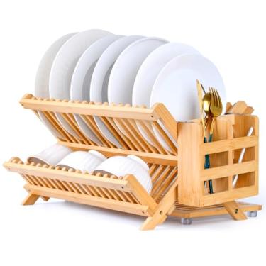 Imagem de Escorredor de pratos de bambu, escorredor de pratos de madeira dobrável de 3 camadas para balcão de cozinha 40 cm C x 33 cm L x 11 cm A Organizador com suporte de utensílios, perfeito para cozinhas e