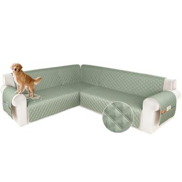 Imagem de HDCAXKJ Capa de sofá secional à prova d'água em forma de L, capas de canto laváveis, à prova de animais de estimação, protetor de móveis em forma de U com tiras antiderrapantes atualizadas (GG, sálvia