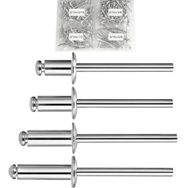 Imagem de ZQZ Kit de rebites pop de 145 peças - 4 tamanhos de rebites de alumínio com 3/40.6 cm x (5/40.6 cm 3/20.3 cm 1/5.1 cm 5/20.3 cm), rebites cegos para metal